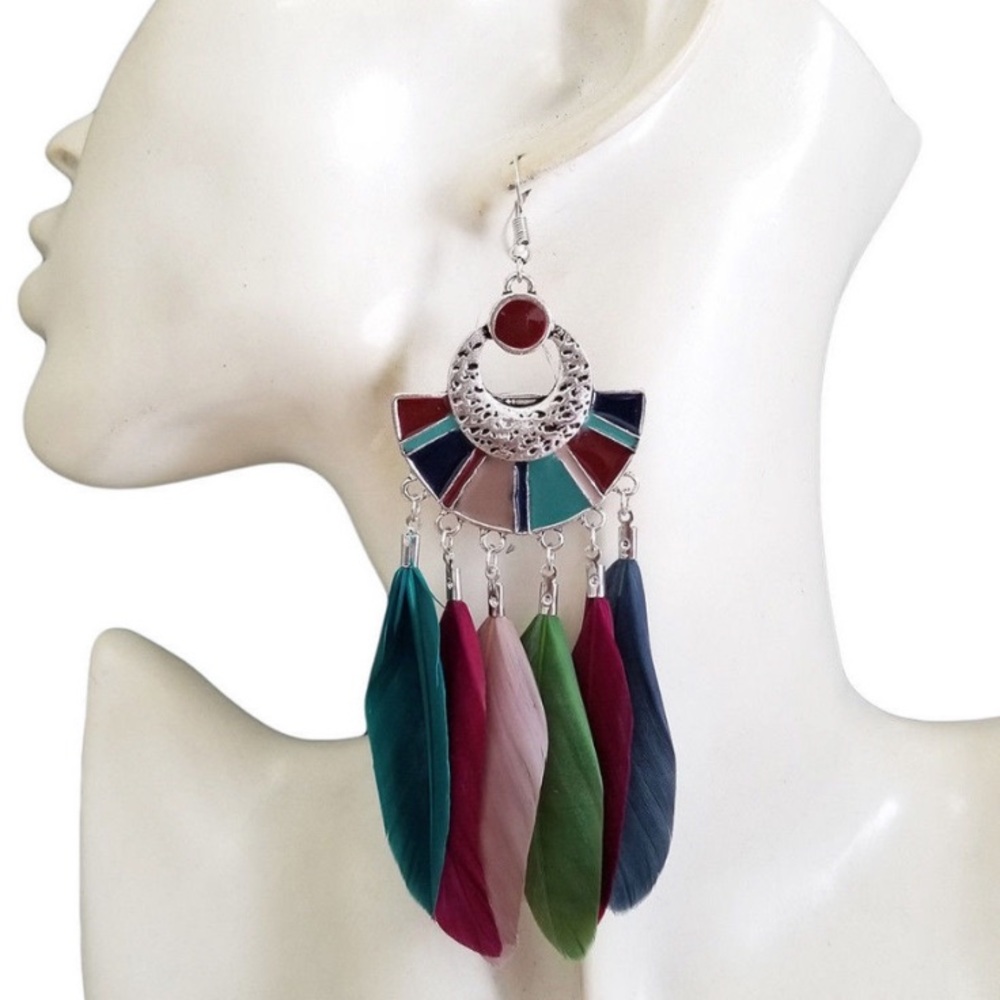 Silver Colorful Feathers Dangle Drop Boho Earrings
